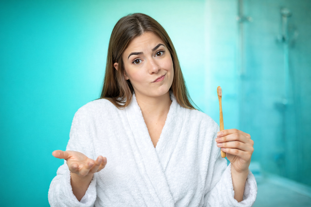 девушка задается вопросом - Чистить зубы до или после завтрака 